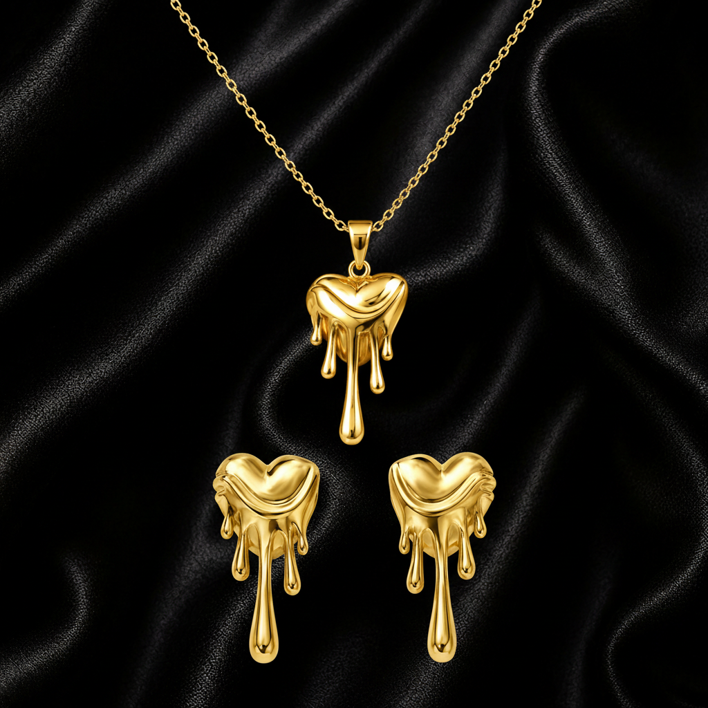 Meher Edits 17 — The Molten Edit — Molten Heart Necklace and Molten Heart Drops gold-plated jewellery bundle by Jewels by Meher