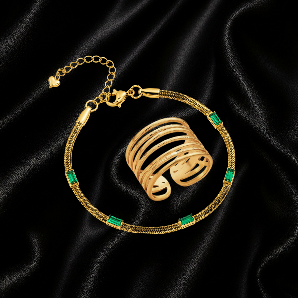 Meher Edits 15 — Emerald Baguette Bracelet & Multi-Band Ring
